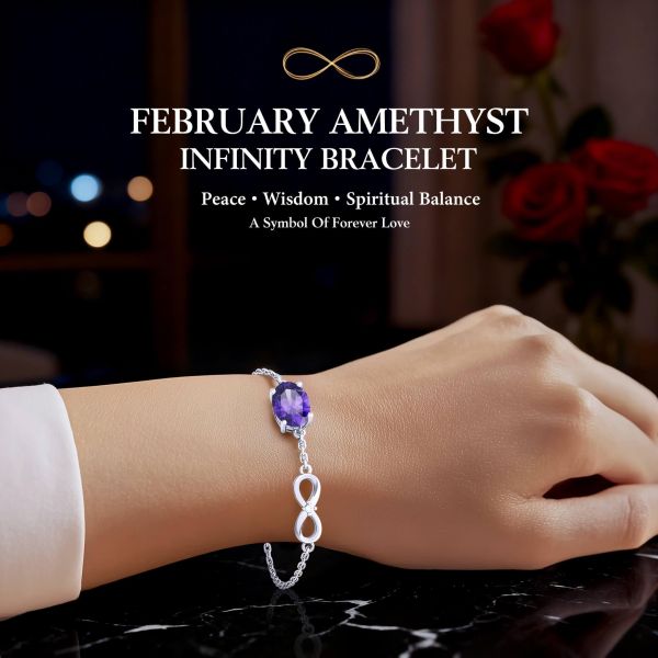 Amethyst Birthstone Infinity Bracelet in 14K White Gold Plating