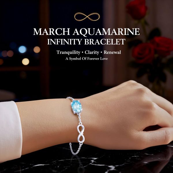 Aquamarine Birthstone Infinity Bracelet in 14K White Gold Plating