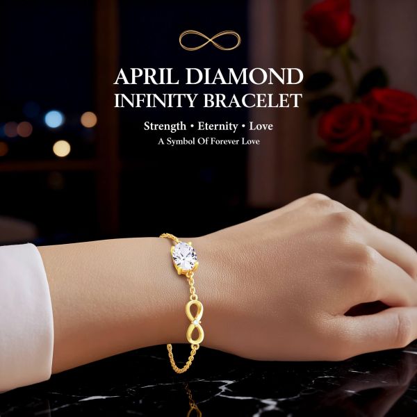Diamond White Birthstone Infinity Bracelet in 14K Gold Plating
