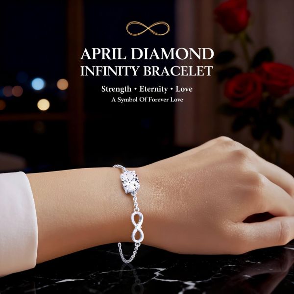 Diamond White Birthstone Infinity Bracelet in 14K White Gold Plating