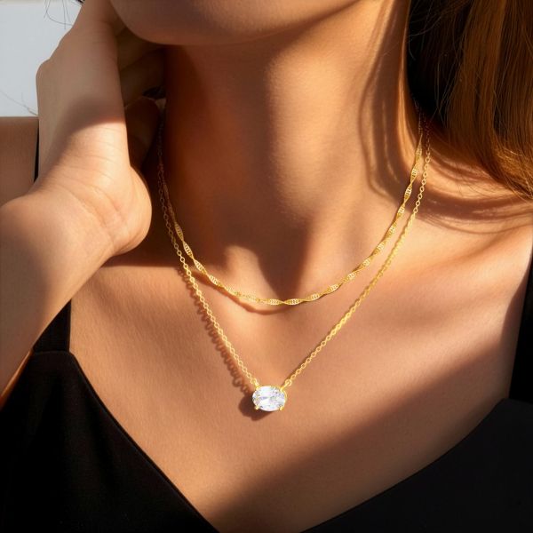 Diamond White Layered Birthstone Necklace in 14K Gold Plating