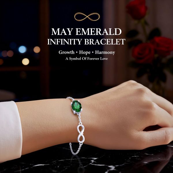 Emerald Birthstone Infinity Bracelet in 14K White Gold Plating