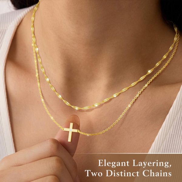 Layered Moissanite Cross Necklace in 14K Gold Plating