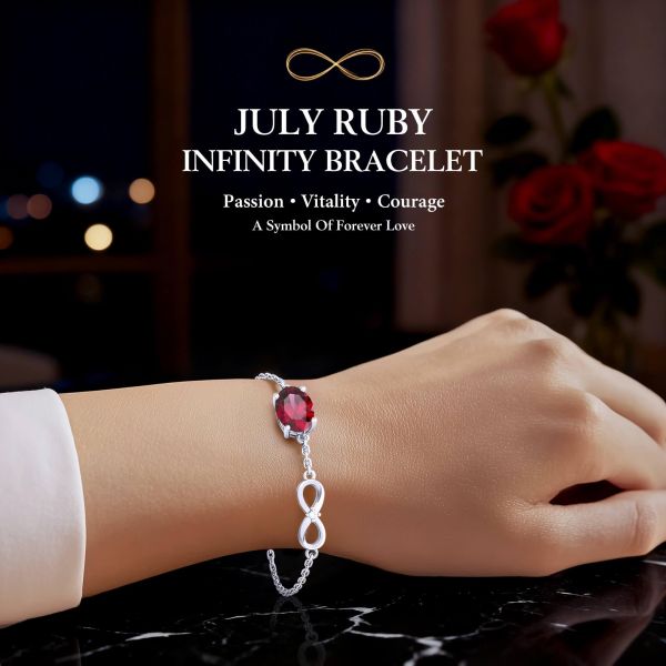 Ruby Birthstone Infinity Bracelet in 14K White Gold Plating