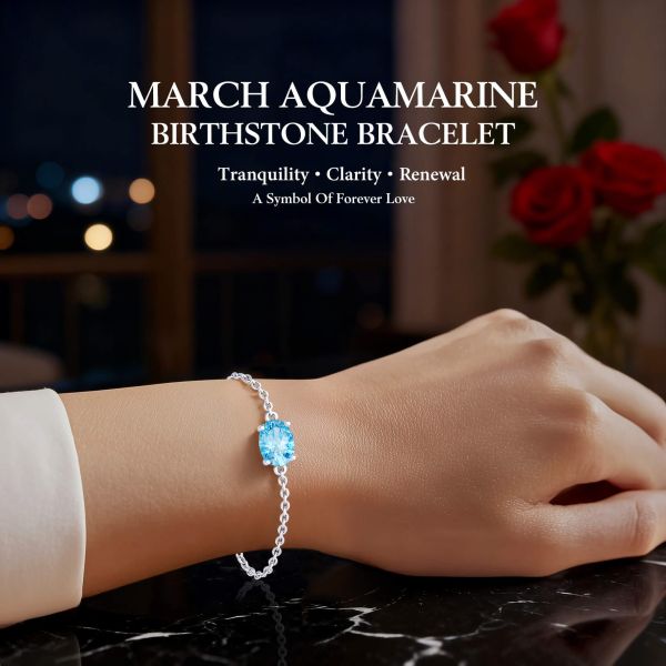 Aquamarine Birthstone Bracelet in 14K White Gold Plating