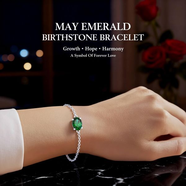 Emerald Birthstone Bracelet in 14K White Gold Plating
