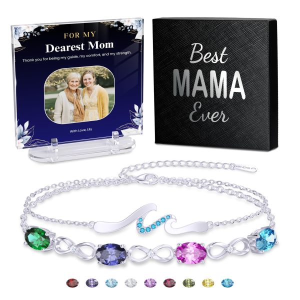 Personalized 4-Stone Birthstone Wave Bracelet Gift Set
