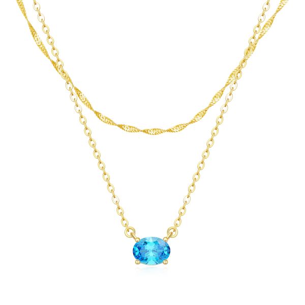 Blue Topaz Layered Birthstone Necklace in 14K Gold Plating