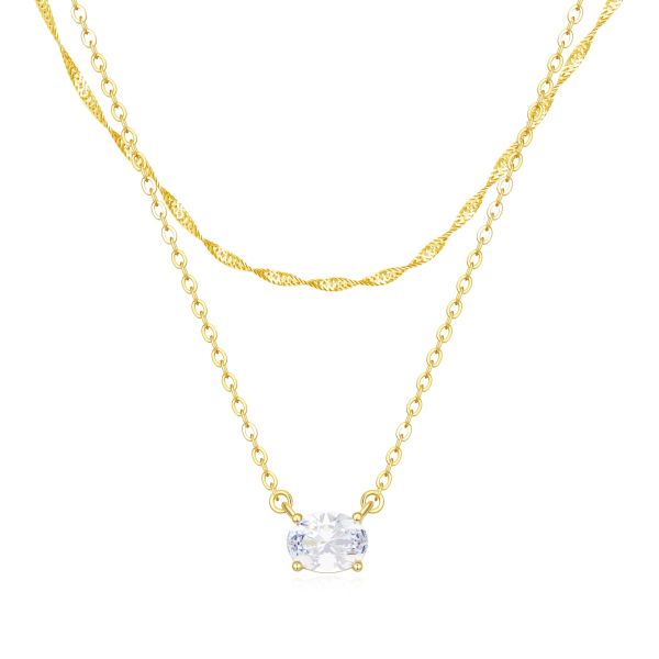 Diamond White Layered Birthstone Necklace in 14K Gold Plating
