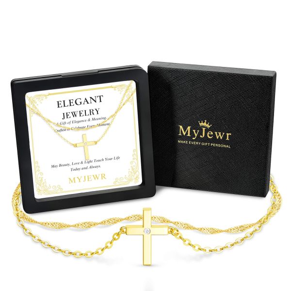 Layered Moissanite Cross Necklace in 14K Gold Plating